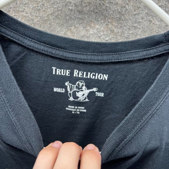 True Religion Shirt Mens XL Black Tee Crewneck Spell Out Print Extra Large Y2K - Picture 6 of 10